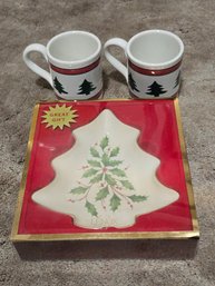 Lenox Christmas Tree Candy Dish, 2 Mugs