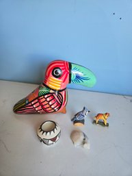 Isleta Pottery, Mini Birds, Stone Turtle,  Wooden Cat