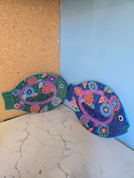 Clay Painted Fish Wall Hanging Set Of 2-  9.5'w X 6' H