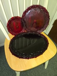 Ruby Red Platters 2, Snack Plates 2 As Is Missing Plate Tower