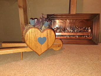 At The Table Copper Style Wall Plaque, Wood Wheelbarrel Floral Decor