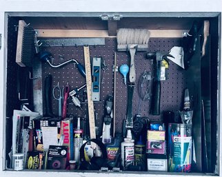 Large Selection Of Tools - Hand Saws, Hand Drill, Hammers, Level, Rulers, Stapler, Zip-Ties, Chalk Line, Nails