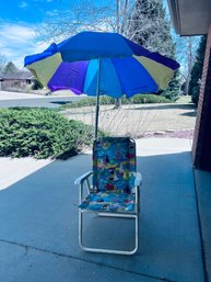 Single Lawn Chair And Umbrella - Seaside/Ocean Motif With Umbrella Holder And Umbrella