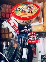 Kitchen Junk Drawer - Leatherman Tool, Batteries, Wax Warmers, Chargers, Flashlights, Tin Can