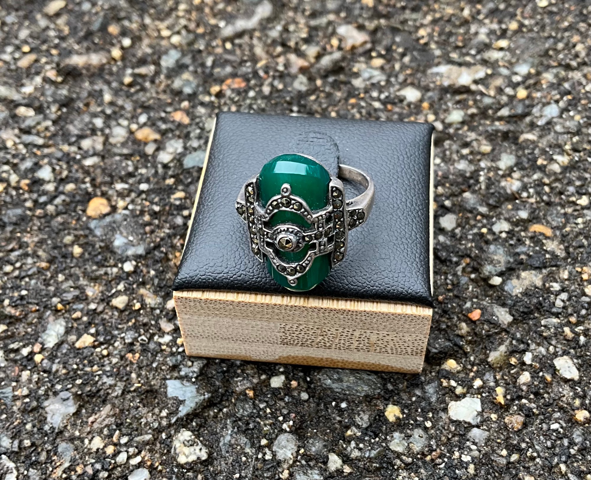 Lot 33DD- Sterling Silver Art Deco Marcasite Ring With Green Onyx