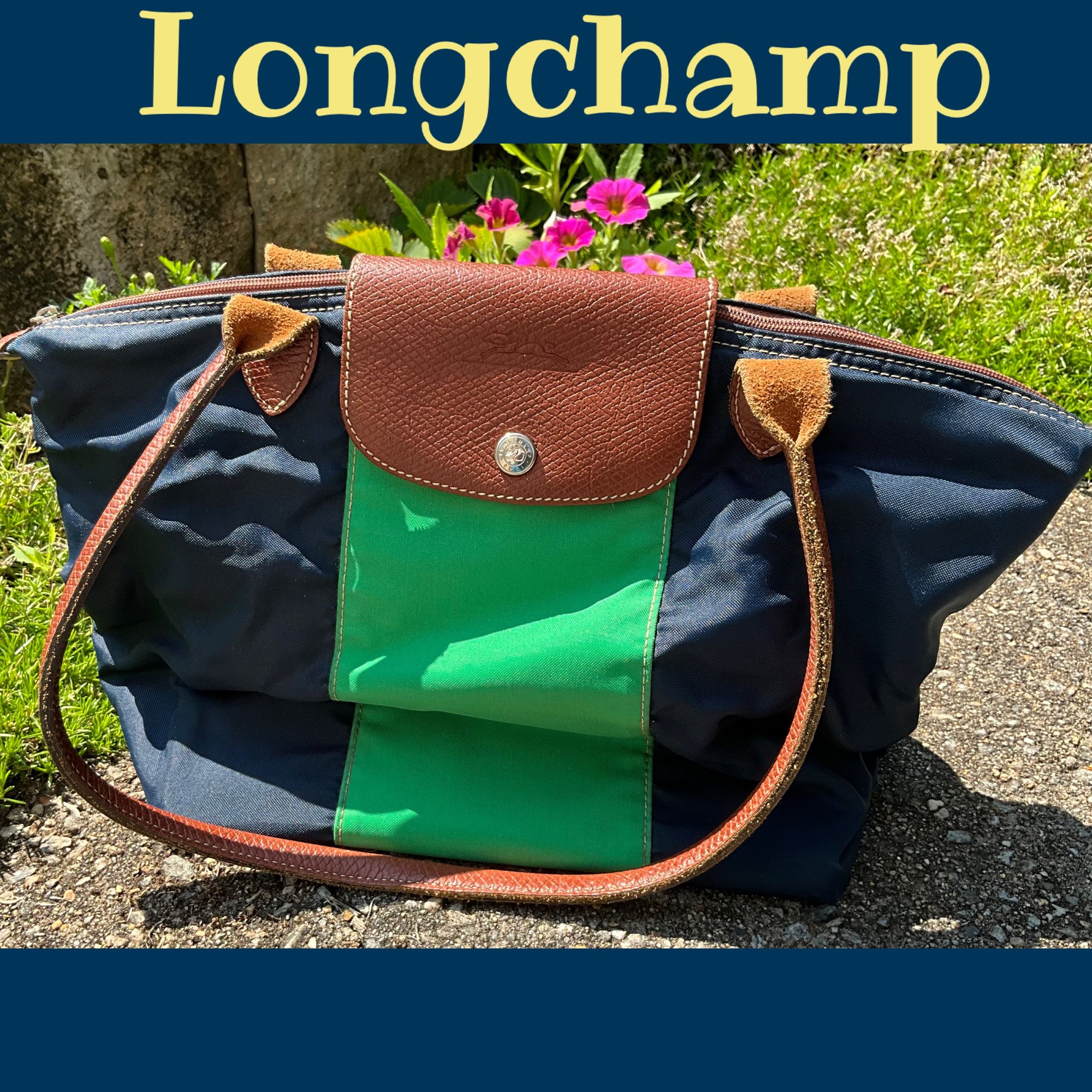 Lot 18SES- Longchamp Nylon Le Pliage Navy & Kelly Green Striped