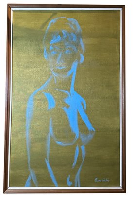 Lot 5 - 1966 Large Mid Century Original Art Blue Monochrome Nude 50 Inches High! Signed By Artist Doris Asher