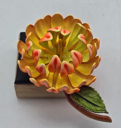 Lot 900LC - Vintage 1960 Dimensional Enamel Flower Pin Stunning Orange Yellow Blossom With Green Detailed Leaf
