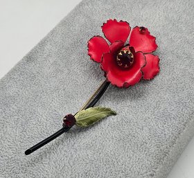 Lot 902LC - Big! Mid Century Red Rose Enamel Brooch With Red Rhinestones
