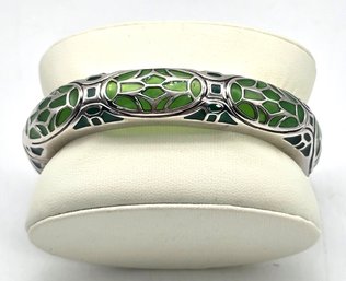Lot 905LC - Pretty! Costume Green Stained Glass Silver Color Hinge Bracelet