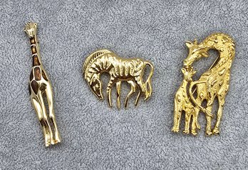 Lot 908LC - It's A Zoo! Costume Liz Claiborne Signed Enamel Gold Giraffe, Zebra, Mom & Baby Giraffes Brooches