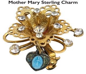 Lot 913LC - 1950-60s Religious Catholic Small Flower Pin - Rhinestones Mother Mary Sterling Hanging Charm