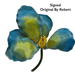 Lot 914LC - Summertime Bloom! Artisan Pin Signed Original By Robert Enamel Orchid Flower Brooch - Aqua & Green