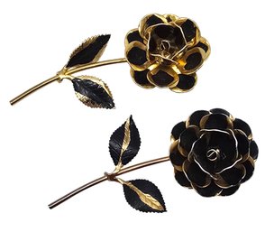 Lot 929LC - Pair Of Black & Costume Gold Enamel Flower Brooches - Very Large - Over 3 Inches