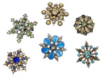 Lot 936LC - 1960s Costume Rhinestone & Pearl Brooches Snowflake Shape - Blue Green Clear Stones