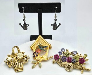 Lot 937LC - Garden Variety Three Cute Brooches & Watering Can Earrings - Enamel & Faux Pearls