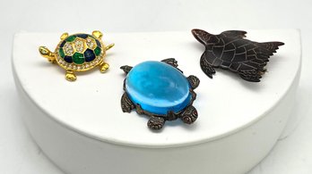 Lot 946LC - Turtle Collection Blue Cabochon, Sea Turtle, & Enamel & Rhinestones Brooches