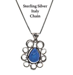 Lot 953LC - Custom Designed Sterling Silver Italy Pendant Ornate Bezel - Teardrop Textured Blue Druzy & Chain