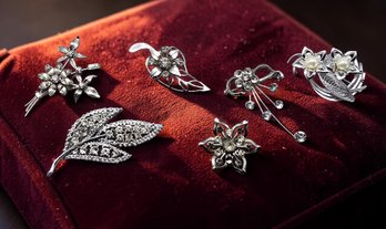 Lot 957LC - Mid Century Six Costume Silver, Rhinestone & Faux Pearl Brooches