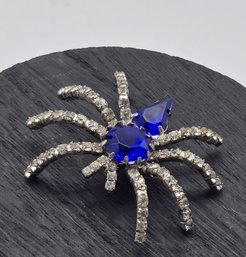 Lot 960LC - Spider Brooch With Large Cobalt Blue Rhinestones Costume Silver - Clear Rhinestone Legs