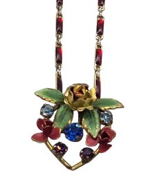 Lot 962LC - Colorful Mid-century Vibrant Hand-painted Enamel Floral Design - Center Rose - Blue & Purple Stone