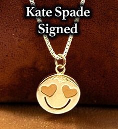Lot 965LC - Signed Kate Spade! Cute Petite Goldtone Necklace - Lovestruck Smiley Face Pendant