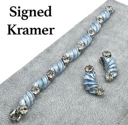 Lot 966LC - 1950s Mid Century Signed Kramer Spiral Set Soft Blue Enamel Bracelet & Clip On Earrings  - Stones