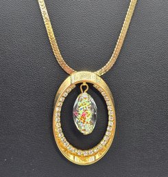 Lot 980LC - Costume Gold Chain And Oval Pendant With Rhinestones & Art Glass Bead