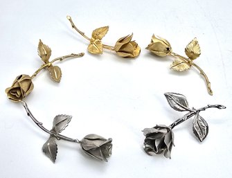 Lot 983LC - 1950-60s Collection Of 5 Rose Pins Statement Jewelry 3 Signed Giovanni 3 Goldtone & 2 Silvertone