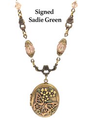 Lot 991LC - 1970s Signed Sadie Green Pretty Little Butterfly Locket Pendant With Brushed Goldtone Necklace