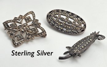 Lot 805LC - Three Pretty Sterling Silver & Marcasite Vintage Brooches - Victorian Inspired Pins