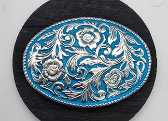 Lot 806LC - Aqua Enamel Southwestern Style Belt Buckle Costume Silver - Made In USA