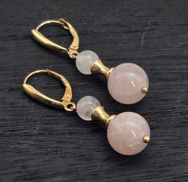 Lot 807LC - Pink Quartz Bead Drop Dangle Pierced Earrings Costume Gold