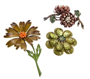 Lot 809LC - Three 1960s Enamel Flower Brooches Long Stem - Green Rhinestones - Faux Pearls - 1 Signed JJ