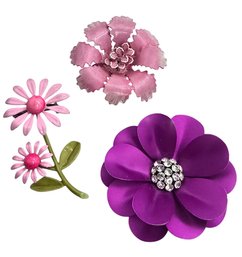 Lot 816LC - Three Pink & Purple Flower Brooches With Metallic - Rhinestones - Enamel Daisy