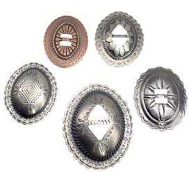 Lot 820LC - Southwestern Inspired Western Hat Bands Collection Of 5 Thunderbird Conchos Nickel & Copper Finish