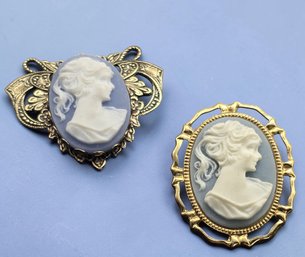 Lot 821LC - Victorian Inspired Two Light Blue & White Costume Cameos - Grandmacore Goldtone Frames Pins