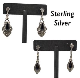 Lot 822LC - Sterling Silver Marcasite Dangle Pierced Earrings With Black Onyx Tear Drop Centers