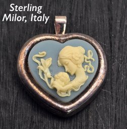 Lot 823LC - Sterling Milor Italy Heart Shaped Costume Cameo Mother & Child In Blue & Ivory Pin & Pendant
