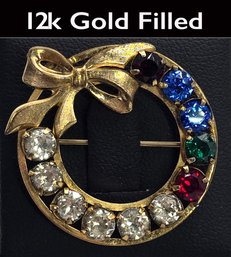 Lot 830LC - 12K GF Gold Filled Colorful Rhinestone Wreath Pin With Bow