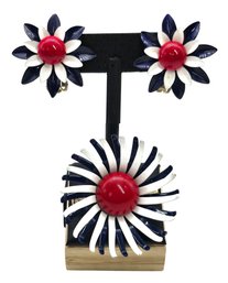 Lot 836LC - Happy 4th Of July! Vintage 1950-60s Red, White & Blue Brooch - Clip On Earrings Flower Burst Pin