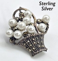 Lot 839LC - Pretty Little Basket Of Faux Pearls Marcasite & Sterling Silver Pin