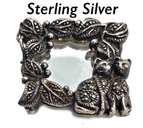 Lot 840LC - Sterling Silver Mirror & Cats Marcasite Pin - Very Cute! Small