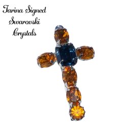 Lot 849LC -Signed Tarina Hairclip With Swarovski Amber & Blue Crystals Cross Religious Jewelry Made In France