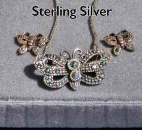 Lot 854LC - Mid Century 925 Sterling Silver Italy Marcasite Butterfly Necklace - Rhinestone Pendant & Earrings