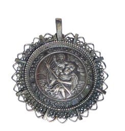 Lot 855LC - Large Antique Pendant Costume Silver Saint Christopher Religious Medallion Travel Protection