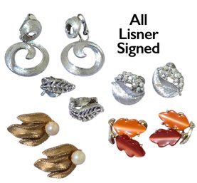 Lot 858LC - All Lisner Signed Mid Century Collection Of 5 Pairs Of Clip-on Earrings Costume Silver & Gold