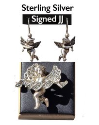 Lot 860LC - Mid Century 925 Sterling Marcasite Angel Cherub Pin & Pierced Earrings Signed JJ Judith Jack