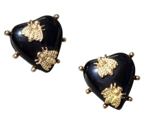 Lot 862LC - Bumblebee Large Statement Black Resin Heart Earrings In Goldtone