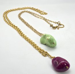 Lot 905WA - Green Howlite And Purple Pink Agate - Costume Long Gold Chains With Chunky Pendants